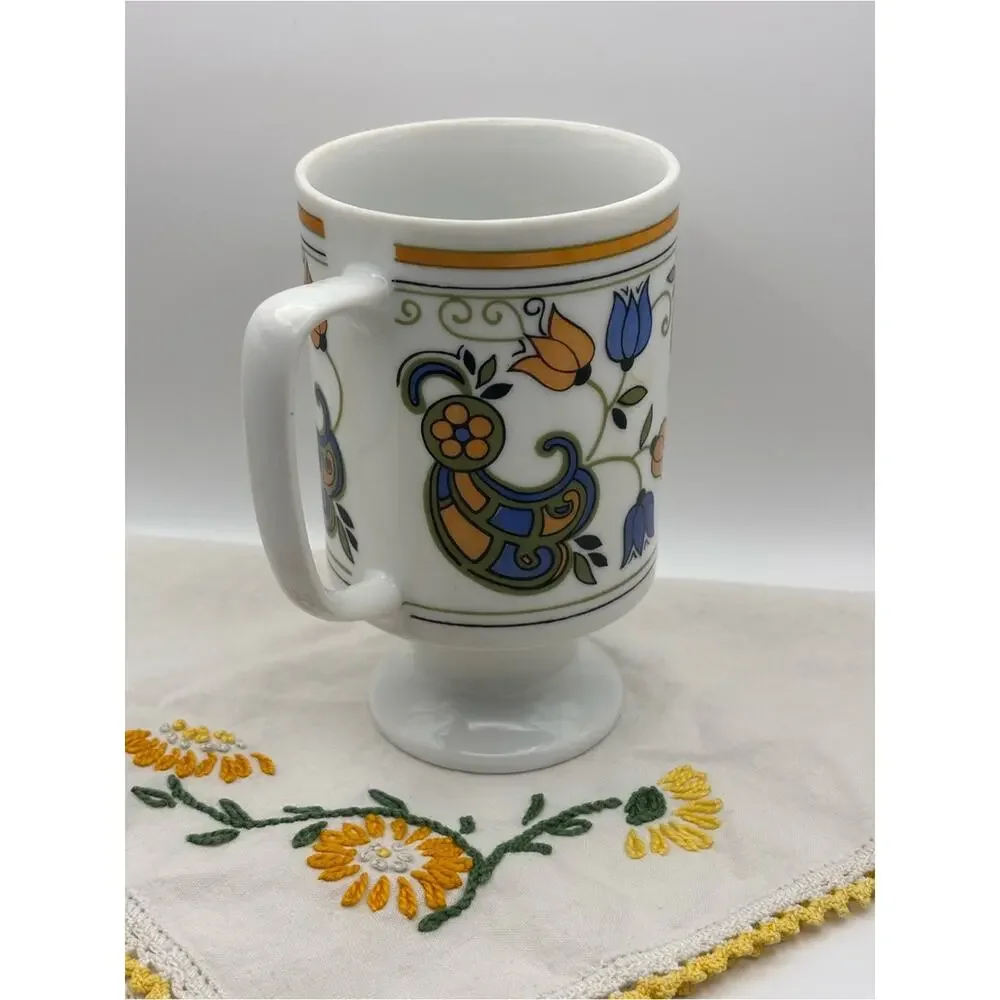 Vintage 1970s Pedestal Mug with Floral Design, Blue and Orange Coffee Cup